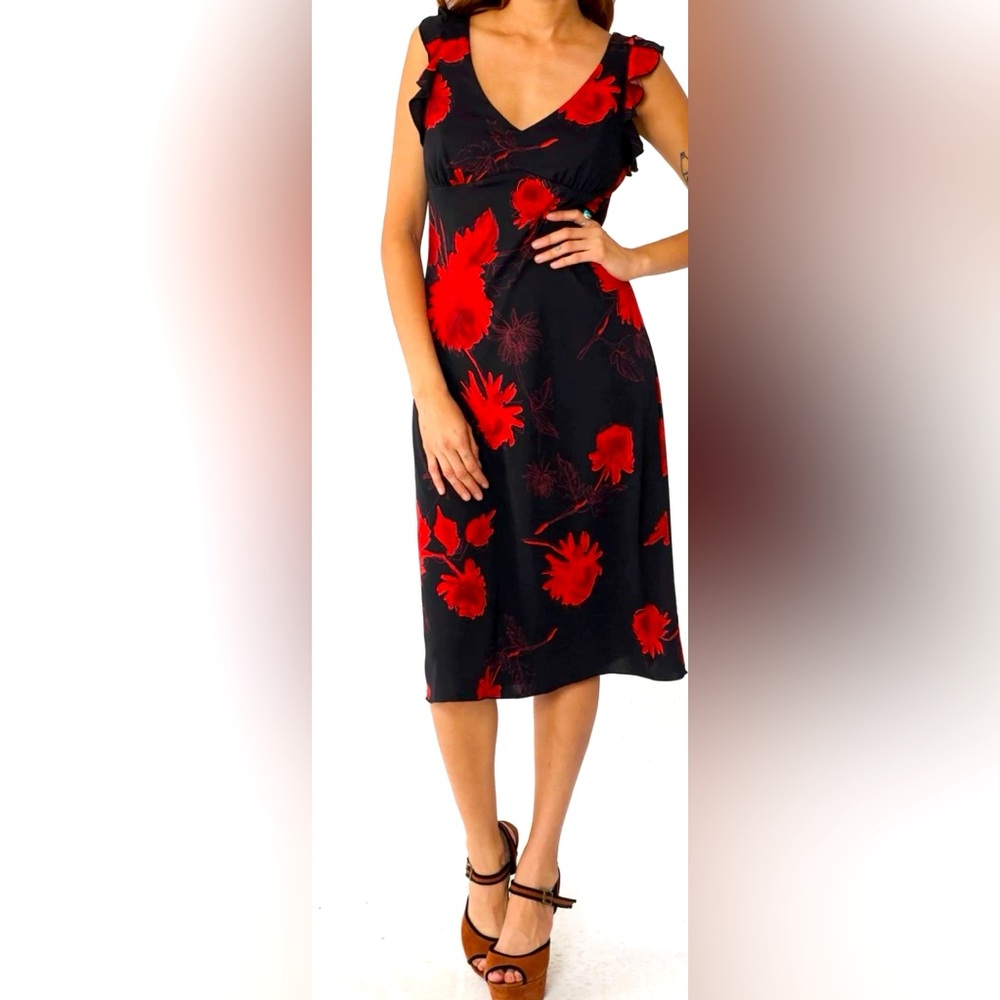 ⚡️Savannah EUC Vintage 90s Dress Black with Red Floral Print & Ruffle Trim Y2K